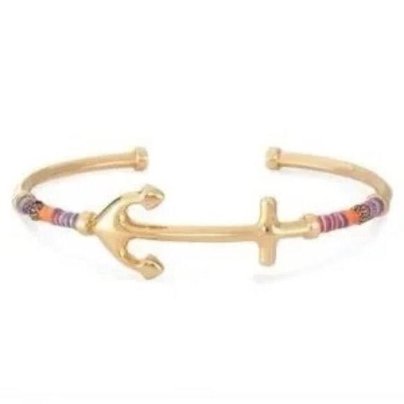 Stella & Dot Voyager Cuff – Pink & Orange Thread Wrap, Gold Anchor Bracelet - Picture 6 of 7